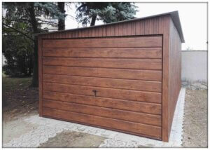 Plechová garáž – s bočným spádom strechy – 3x5, matný orech