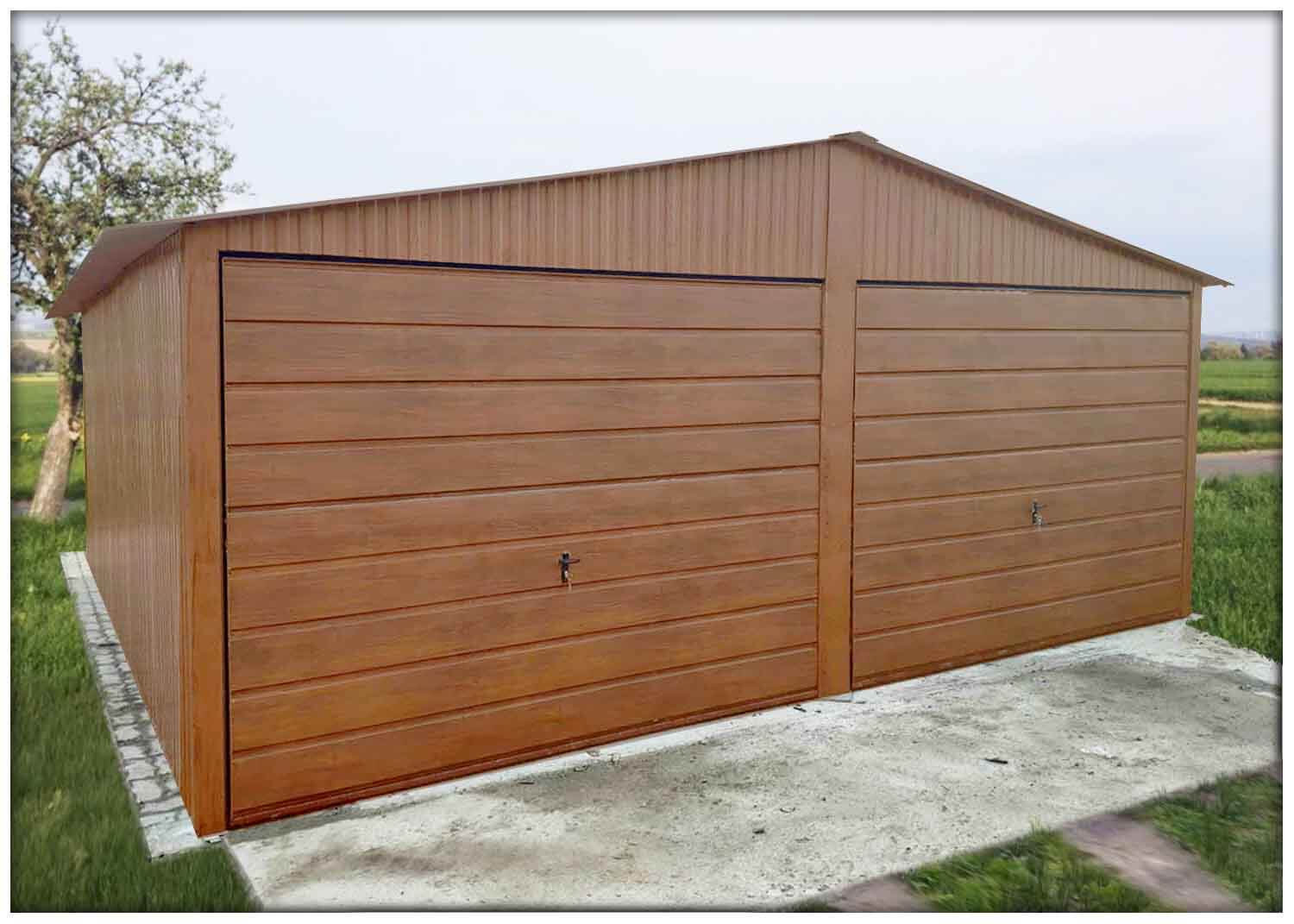 Plechová garáž 6×6 sedlová strecha matný zlatý dub