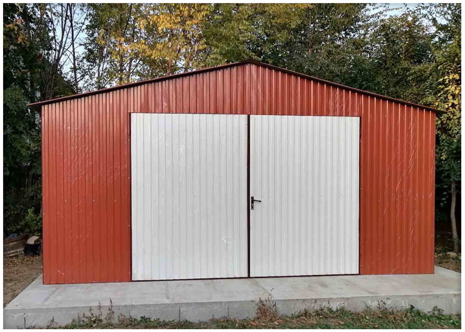 Plechová garáž 5x3 m, sedlová strecha, sklad, záhradný domček